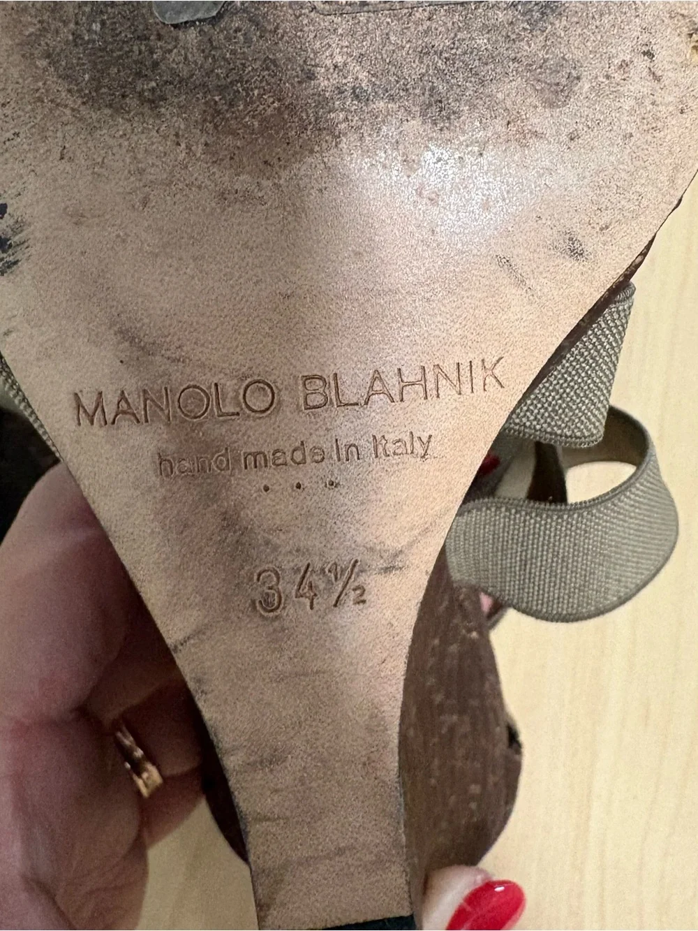 Manolo Blahnik Taupe Elastic Strappy Cork Wedge Heels